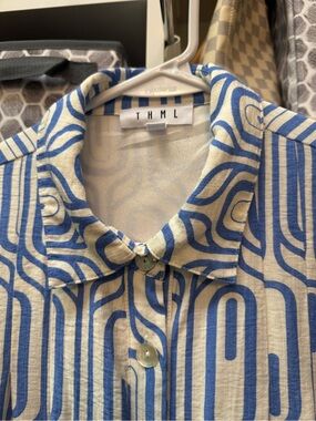 THML Blue & Cream Geometric Button-Up Dress size S